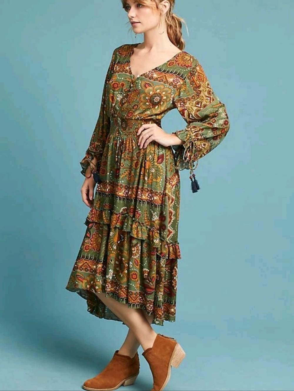 FARM Rio Olive Green Paisley Midi Dress with Rust and Mustard Accents